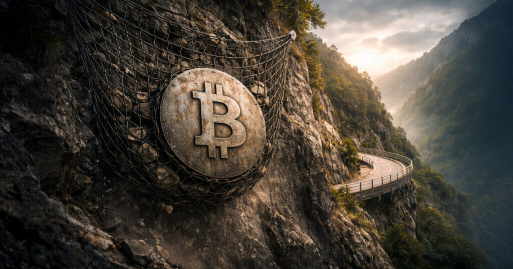 Bitcoin coin caught in a rockfall safety net on a steep cliff above a winding mountain road, symbolizing a critical $40K warning and risk of a deeper drop before the next bull run.