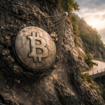 Bitcoin coin caught in a rockfall safety net on a steep cliff above a winding mountain road, symbolizing a critical $40K warning and risk of a deeper drop before the next bull run.