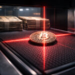 Bitcoin coin under red laser scanner in a bank vault with stacks of cash, illustrating China banks’ US bond exposure putting Bitcoin in the crosshairs.