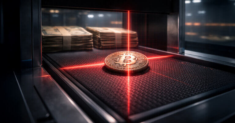 Bitcoin coin under red laser scanner in a bank vault with stacks of cash, illustrating China banks’ US bond exposure putting Bitcoin in the crosshairs.
