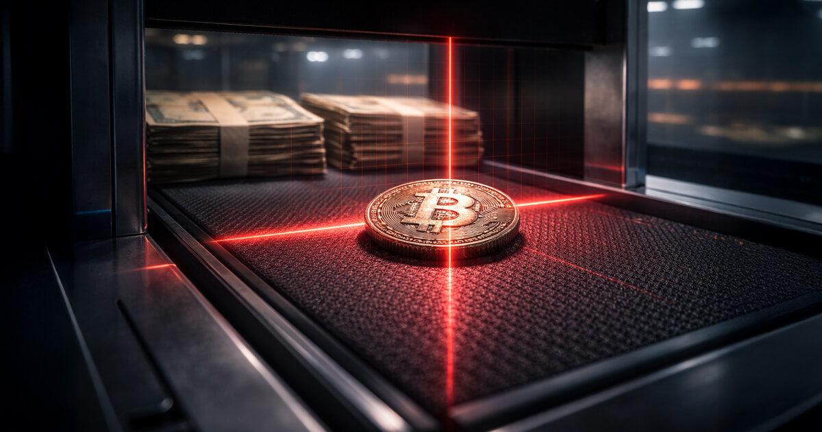 Bitcoin coin under red laser scanner in a bank vault with stacks of cash, illustrating China banks’ US bond exposure putting Bitcoin in the crosshairs.