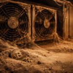 Dust-covered Bitcoin coin in an abandoned crypto mining facility with idle cooling fans, symbolizing a Bitcoin miner revenue crash to record lows.