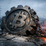 Rusty Bitcoin gear chained in a bleak industrial mining yard with warning light, symbolizing falling miner profits as difficulty drops and block times slow