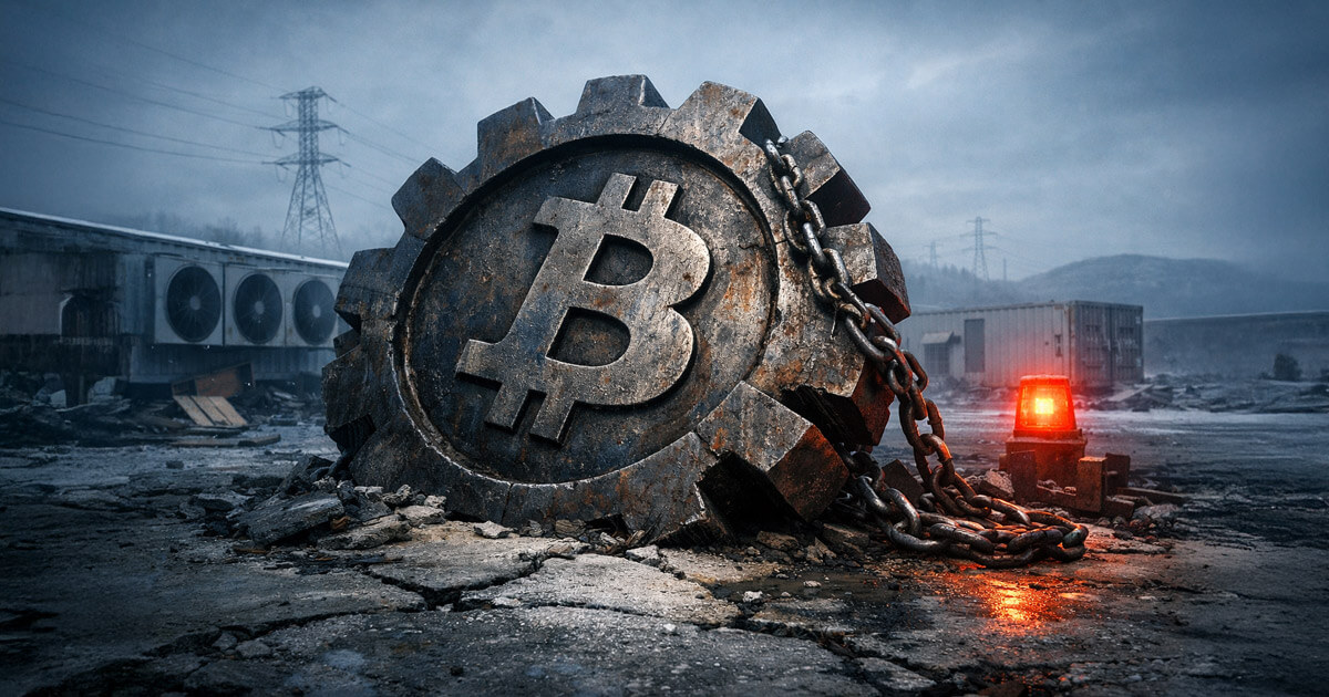 Rusty Bitcoin gear chained in a bleak industrial mining yard with warning light, symbolizing falling miner profits as difficulty drops and block times slow