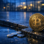 Bitcoin coin beside pooled water and fading city lights, symbolizing slowing ETF inflows, ETF fatigue and the search for the next narrative engine to drive BTC momentum