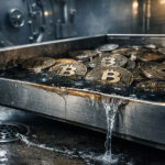 Bitcoin coins soaking in a steel tray as water drains away, illustrating a $7 billion ETF loss while Strategy maintains a billion-dollar cushion amid a potential drop toward $65,000