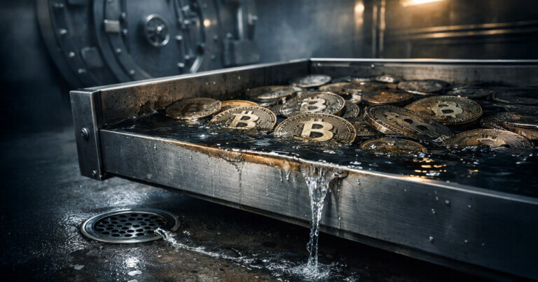 Bitcoin coins soaking in a steel tray as water drains away, illustrating a $7 billion ETF loss while Strategy maintains a billion-dollar cushion amid a potential drop toward $65,000