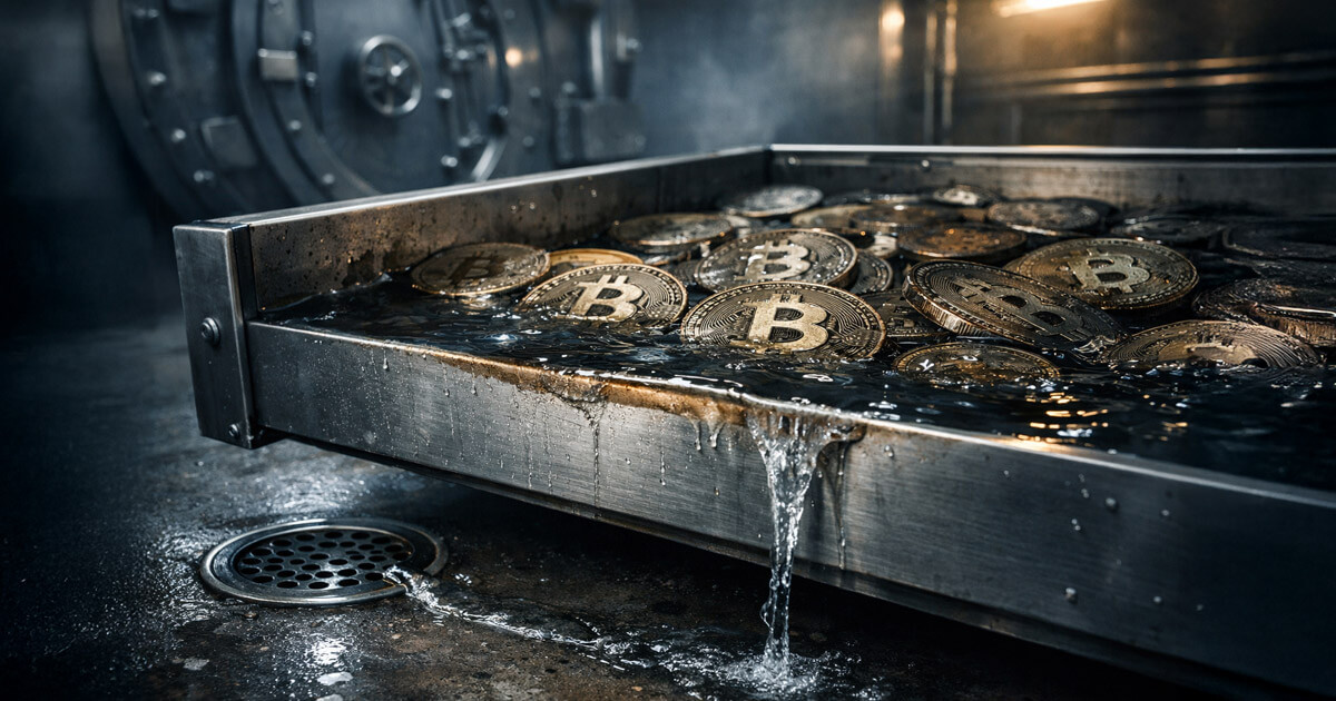 Bitcoin coins soaking in a steel tray as water drains away, illustrating a $7 billion ETF loss while Strategy maintains a billion-dollar cushion amid a potential drop toward $65,000