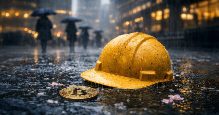 Rain-soaked city street with a Bitcoin coin beside a dropped hard hat, reflecting market jitters after a shock jobs report dimmed spring rate-cut hopes