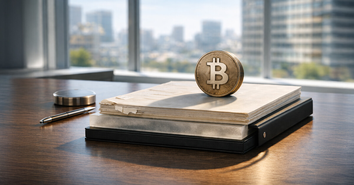 Bitcoin coin resting on a stack of economic reports in an office overlooking the city, reflecting how BTC trades alongside jobs data, CPI, and interest rate expectations