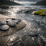 Scattered Bitcoin coins on a riverbank as a fast current carries some away, symbolizing how small Bitcoin ETF micro-inflows can be misleading about true market demand.
