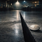 A lone Bitcoin coin resting beside a deep crack in a trading floor, symbolizing the debated CME futures gap and whether it pulls Bitcoin price action or reflects trader superstition