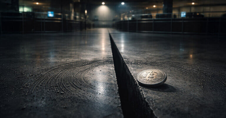 A lone Bitcoin coin resting beside a deep crack in a trading floor, symbolizing the debated CME futures gap and whether it pulls Bitcoin price action or reflects trader superstition