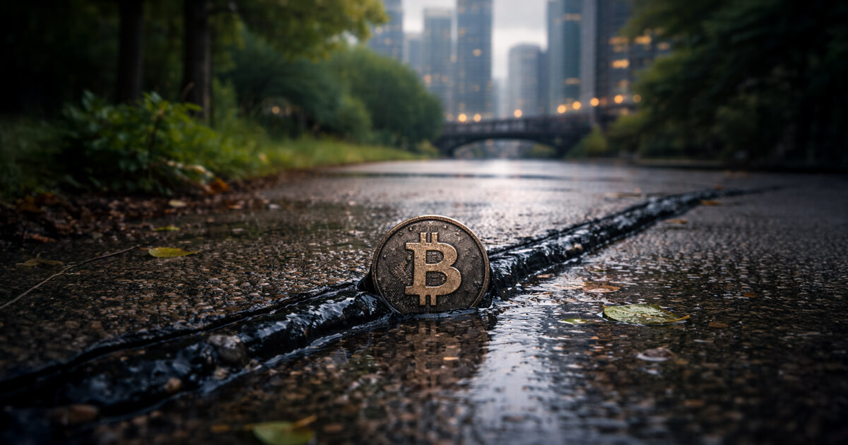 Bitcoin coin lodged in a narrow crack along a rain-soaked city pavement, symbolizing the end of the Bitcoin CME gap and the potential closure of historic price gaps in May