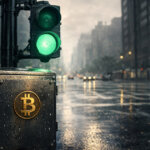 Bitcoin logo embedded in a city street at dawn as global markets reopen, symbolizing a Bitcoin rally after a weekend selloff and renewed bullish sentiment