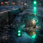 Bitcoin coin resting in a rain puddle by a street curb, reflecting green traffic lights—risk-on macro signal hinting at a Bitcoin rebound