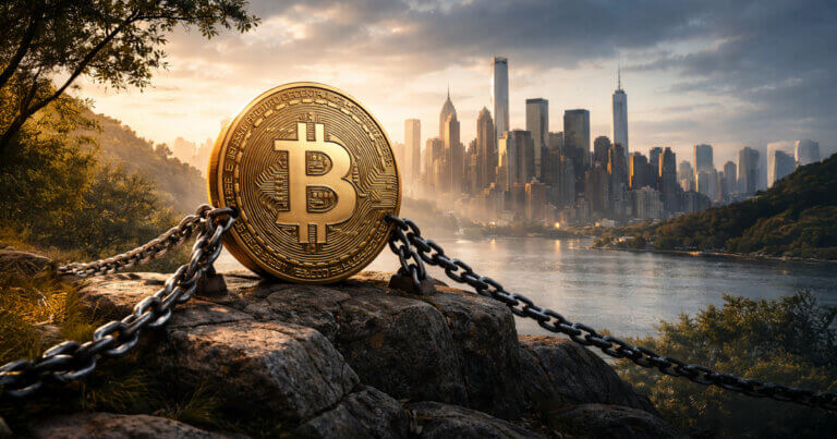 Bitcoin coin secured with chains overlooking a city skyline, symbolizing holders borrowing against BTC while Wall Street packages the debt into tradable bonds
