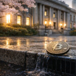 Bitcoin coin on a wet curb outside a government building at dusk, symbolizing how Bank of Japan rate hike wording could pressure Bitcoin prices