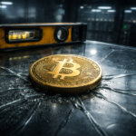 Bitcoin coin on cracked glass beside a level tool in a dark server room, symbolizing a $65K break and $60K test as traders weigh capitulation vs leverage reset