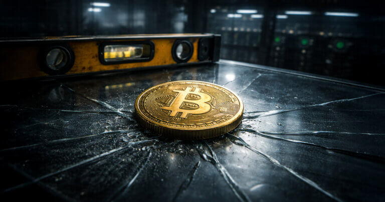 Bitcoin coin on cracked glass beside a level tool in a dark server room, symbolizing a $65K break and $60K test as traders weigh capitulation vs leverage reset