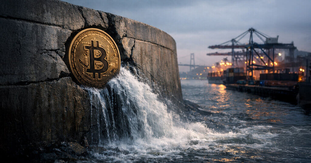 Bitcoin embedded in a seawall releasing water near a busy port, symbolizing Bitcoin acting as a liquidity valve after a tariff ruling shock rattled global trade markets