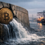 Bitcoin embedded in a seawall releasing water near a busy port, symbolizing Bitcoin acting as a liquidity valve after a tariff ruling shock rattled global trade markets