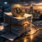 Bitcoin coin atop a tightly bound stack of financial papers with fraying ties, reflecting a rally fueled by record $1.279 trillion margin debt and the risk of a sudden unwind