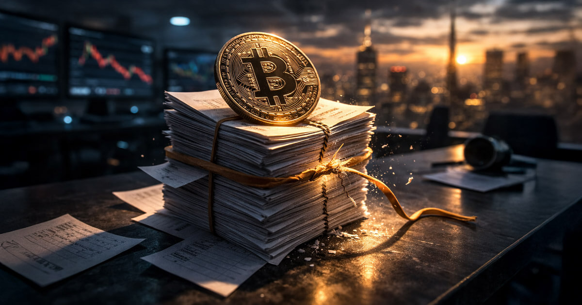 Bitcoin coin atop a tightly bound stack of financial papers with fraying ties, reflecting a rally fueled by record $1.279 trillion margin debt and the risk of a sudden unwind