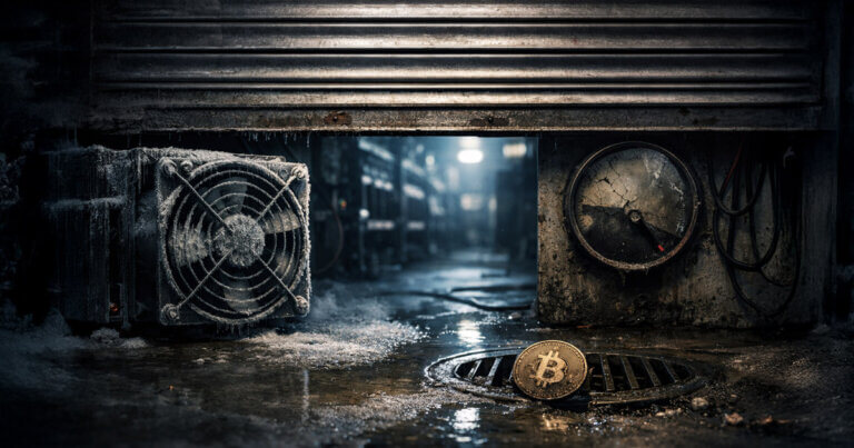 Icy industrial mining facility with a frozen fan and pressure gauge beside a Bitcoin coin by a drain, symbolizing miner strain and selling pressure as ETF demand shifts supply.