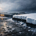 Snow-covered industrial rooftops with a metal Bitcoin emblem in the foreground, reflecting a sharp 11.16% difficulty drop and uncertainty ahead of the next mining retarget