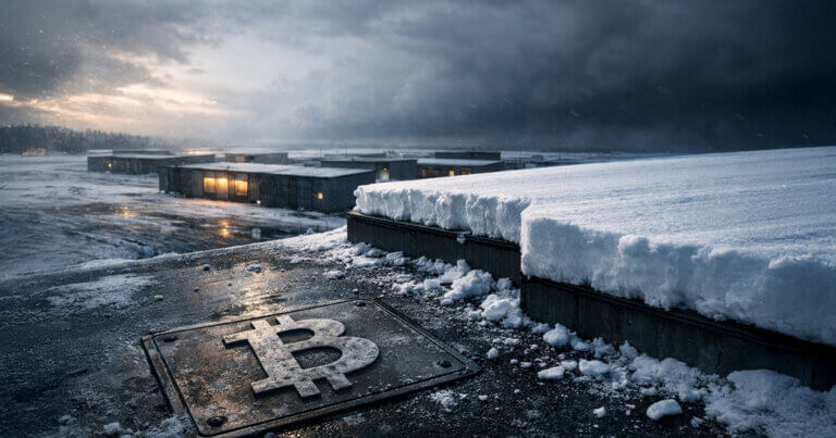 Snow-covered industrial rooftops with a metal Bitcoin emblem in the foreground, reflecting a sharp 11.16% difficulty drop and uncertainty ahead of the next mining retarget