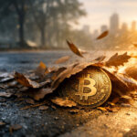 Bitcoin coin half-buried under autumn leaves on a wet path at sunrise, symbolizing a Bitcoin bear market nearing its end as key signals begin to flip.