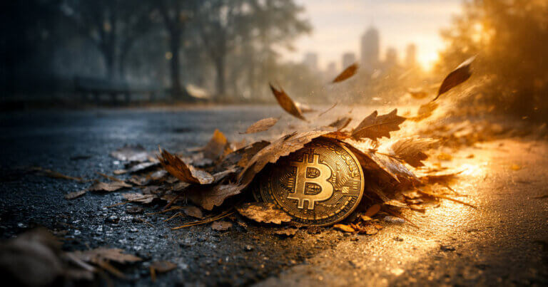 Bitcoin coin half-buried under autumn leaves on a wet path at sunrise, symbolizing a Bitcoin bear market nearing its end as key signals begin to flip.