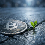 Bitcoin coin embedded in cracked pavement beside a small green sprout, reflecting cautious investor optimism for a potential move toward $90,000 in March