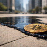 Bitcoin coin beside a spill of crude oil on a city street, symbolizing oil’s 4% surge reshaping rate cut expectations and crypto market sentiment