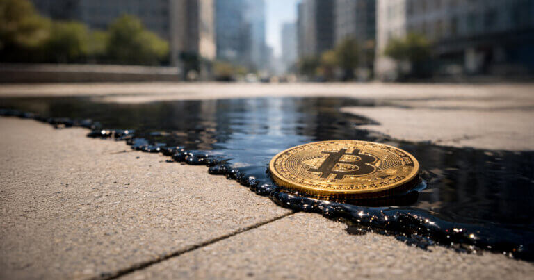Bitcoin coin beside a spill of crude oil on a city street, symbolizing oil’s 4% surge reshaping rate cut expectations and crypto market sentiment