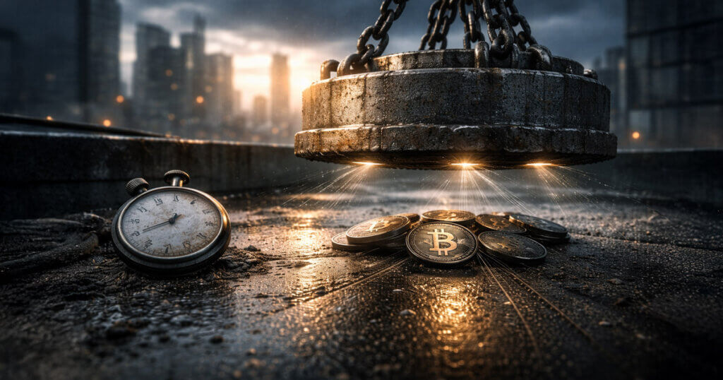Heavy industrial weight hanging on chains above scattered Bitcoin coins beside a stopwatch, symbolizing $8.46B in Bitcoin options expiring March 27 and price gravitating toward the $90K magnet.