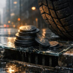 Stack of Bitcoin coins on cracked glass over a street drain beside a car tire, symbolizing Bitcoin ETF inflows returning after a $1.5B outflow streak but facing pressure that could reverse the trade.