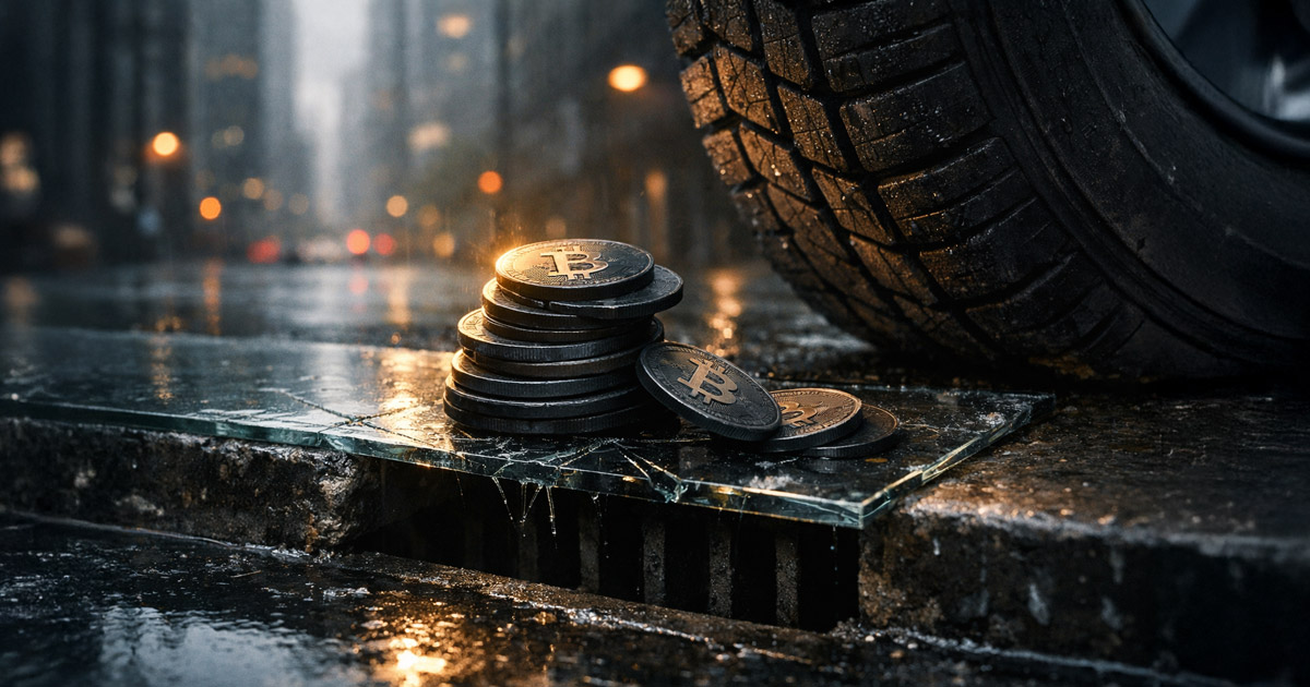 Stack of Bitcoin coins on cracked glass over a street drain beside a car tire, symbolizing Bitcoin ETF inflows returning after a $1.5B outflow streak but facing pressure that could reverse the trade.