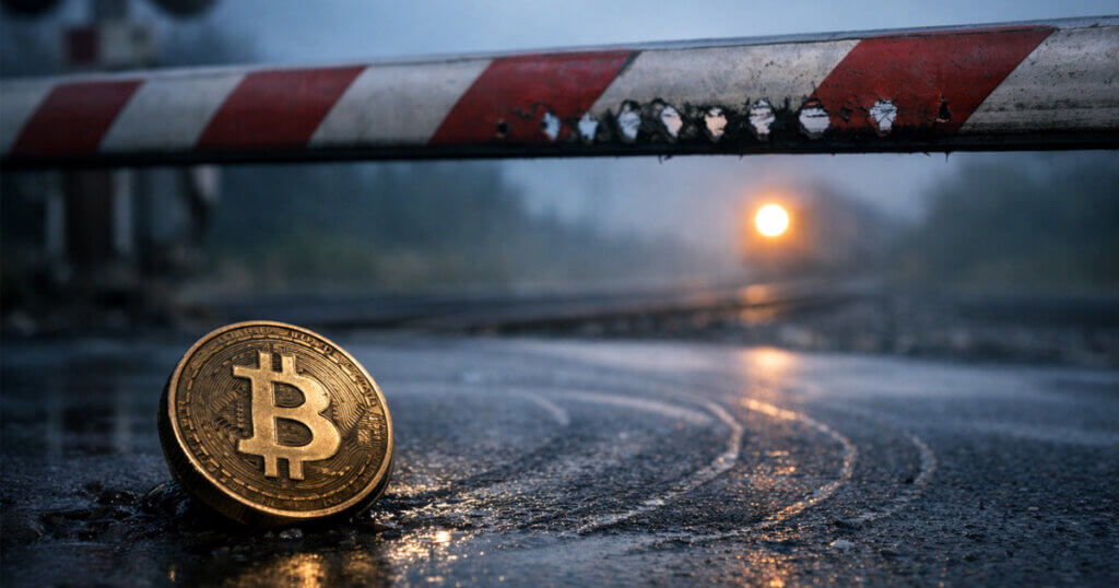 Bitcoin coin on wet pavement beneath a striped barrier gate, suggesting repeated failed breakouts and sideways price action before another downside move.