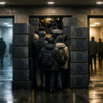 Crowd funneled through a narrow doorway framed by stacked Bitcoin blocks, symbolizing three possible price paths as derivatives traders position for a painful move