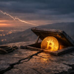Glowing Bitcoin coin emerging from a trapdoor on a cracked mountaintop at dusk, symbolizing the looming Power Law floor and a potential first break headline before October