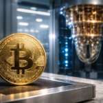Bitcoin coin in a high-tech lab setting with a quantum computer backdrop, reflecting the bc1z address upgrade and its implications for fees, privacy, and quantum resilience