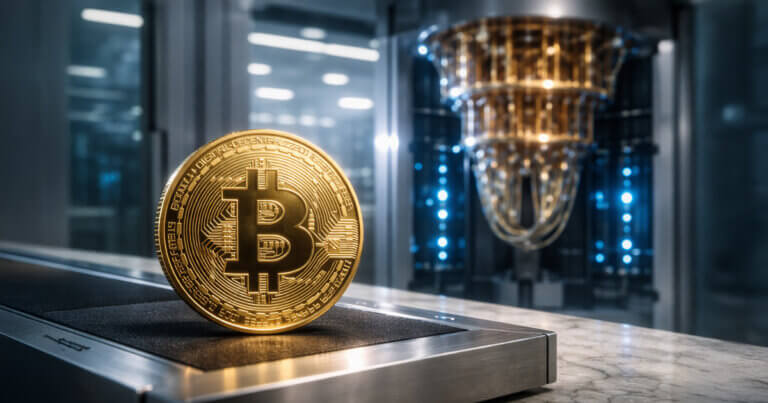 Bitcoin coin in a high-tech lab setting with a quantum computer backdrop, reflecting the bc1z address upgrade and its implications for fees, privacy, and quantum resilience