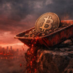 Bitcoin coin in a rusted wheelbarrow spilling embers off a cliff above a city skyline, symbolizing a fifth straight red month as ETF outflows weigh on BTC prices