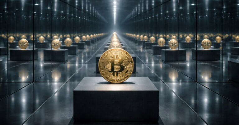 Rows of Bitcoin coins displayed in a mirrored vault, illustrating how a scarce asset can still feel oversupplied in liquid trading markets