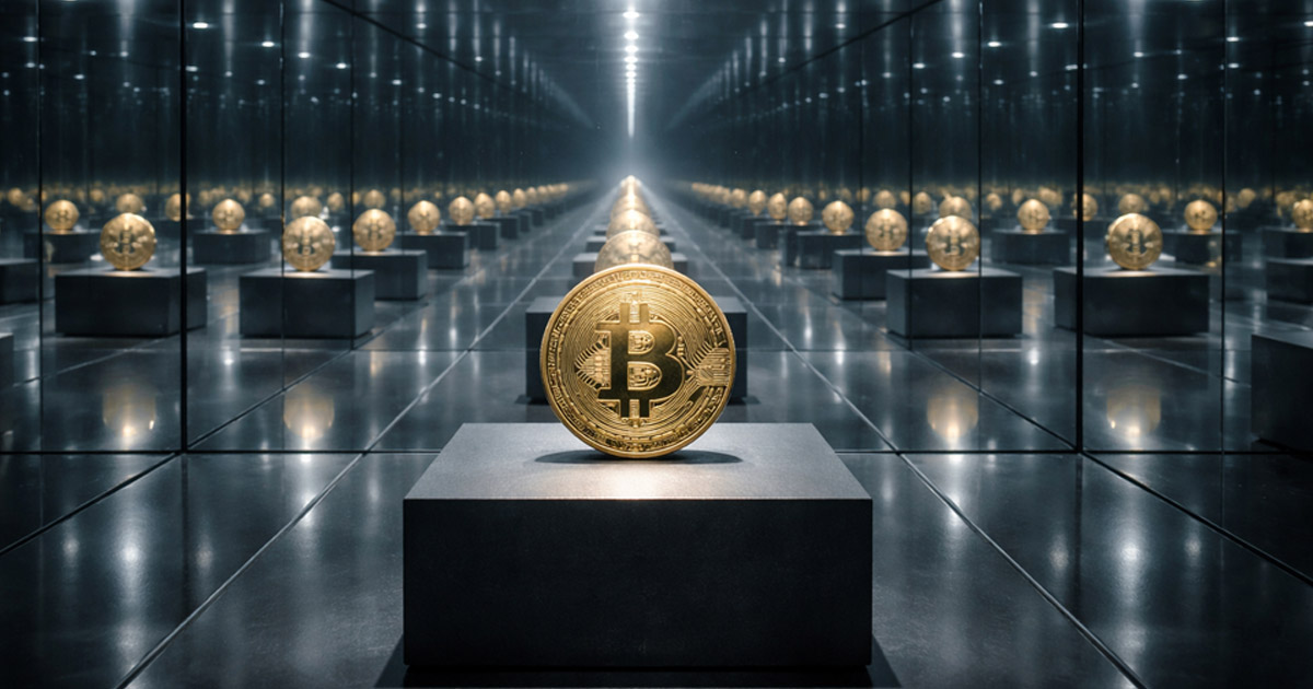Rows of Bitcoin coins displayed in a mirrored vault, illustrating how a scarce asset can still feel oversupplied in liquid trading markets