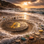 Bitcoin symbol embedded in a beach shoreline as waves pull scattered altcoins away, illustrating $1.2 trillion in trading volume rotating into BTC while weaker tokens struggle to survive