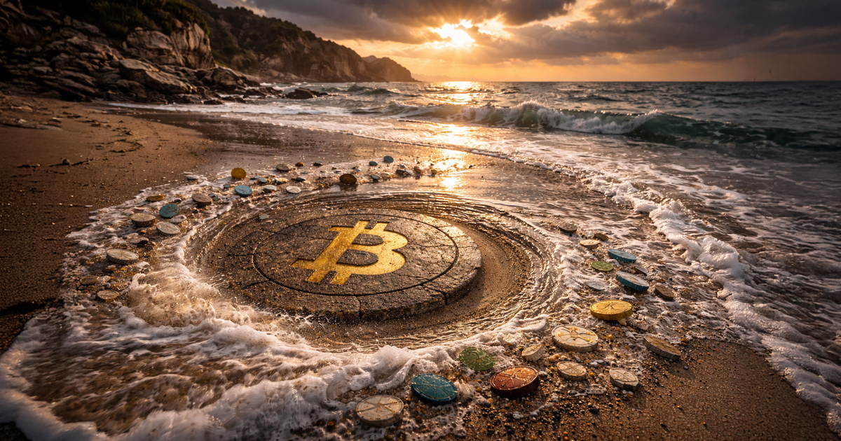Bitcoin symbol embedded in a beach shoreline as waves pull scattered altcoins away, illustrating $1.2 trillion in trading volume rotating into BTC while weaker tokens struggle to survive