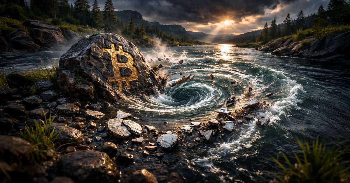 Bitcoin symbol carved into a river rock as a whirlpool pulls away broken coins, representing massive ETF inflows and relatively smaller outflows during the market crash